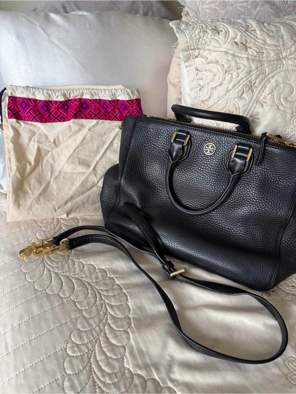 Tory Burch - Black Pebbled Leather Satchel with Gold Hardware - Picture 1 of 15